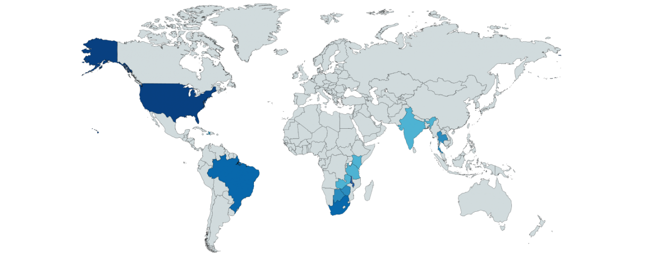 Flat world map projection with various shades of blue indicating the presence of IMPAACT studies across the world.