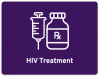 icon of syringe and prescription bottle with purple background and HIV Treatment written at the bottom